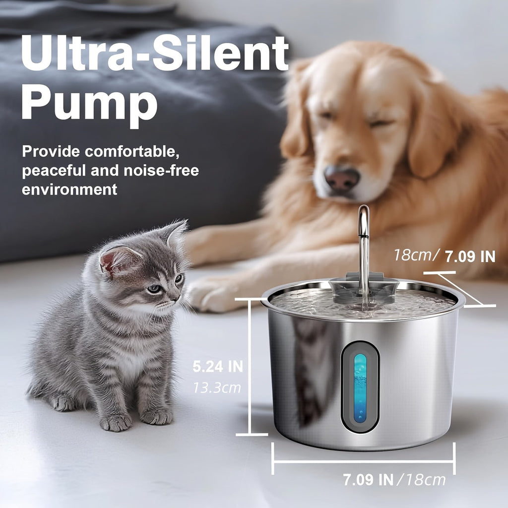 74oz Stainless Steel Cat Water Fountain - Ultra-Quiet USB Pump, Faucet Flow, 3-Stage Filter & Visual Water Level Window, Automatic Pet Water Fountain for Cats and Small Dogs Indoor