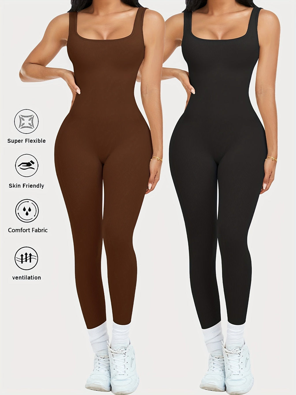 2-Pack Women's Sleeveless Square Neck Long Jumpsuit - 90% Nylon Thick Stretchy Opaque Activewear Bodysuit for Yoga, Pilates, Running, and Fitness, Washable One-Piece Workout Suit, Sizes S-XL