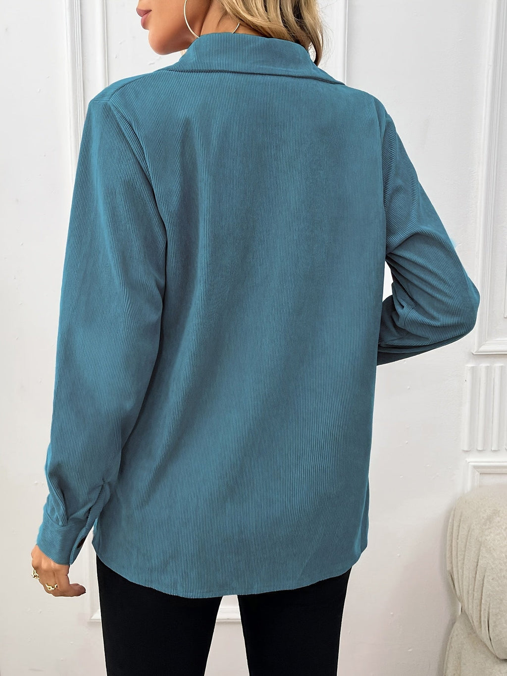 Women's Corduroy Shirt Jacket Lapel Front Pocket Long Sleeve Shacket Casual Fall Outerwear Pale Pink Gray Peacock Blue Black XS S M L XL