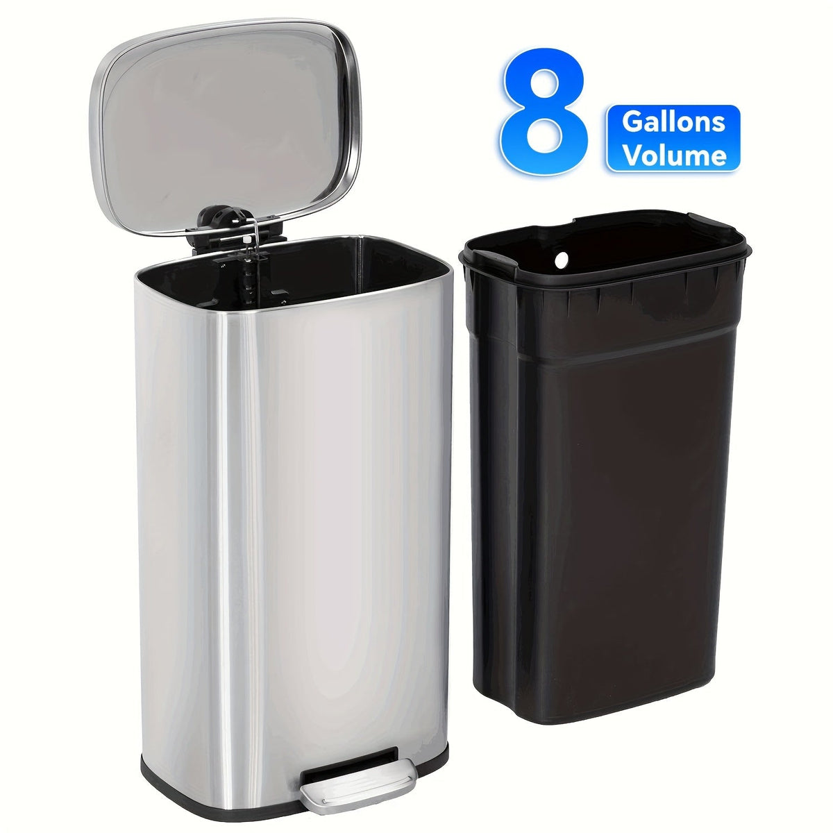 Pedal Trash Can – Fingerprint-Proof Stainless Steel Kitchen Garbage Can with Removable Inner Bucket & Hinged Lid for Kitchen Home Office in 5L to 50L