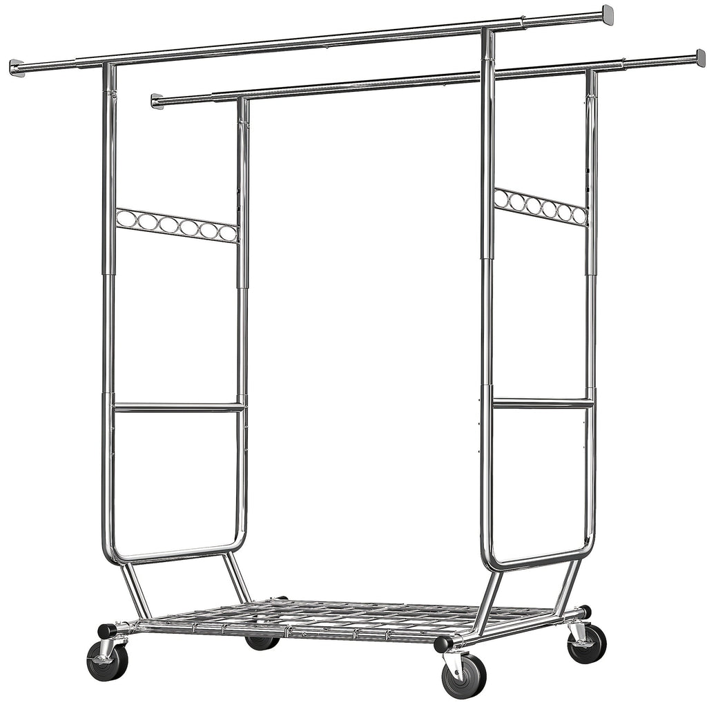 Rolling Clothes Rack, 630 lbs Capacity, 4 Omnidirectional Locking Wheels, Adjustable Height 58"-75", Extendable Width 51"-75", 1.5mm Thick Metal, Umbrella & Shoe Shelf, 10-Min Assembly, for Home, Laundry, Retail