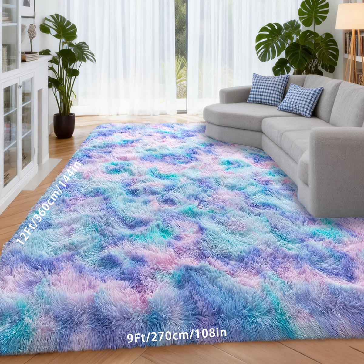 Shaggy Area Rug 9x12 & 10x14 Ultra Soft Fluffy Non-Slip Large Plush Carpet, Machine Washable Tie-Dye & Solid Rug for Living Room Bedroom Home Decor, Black White Gray Pink Rainbow Purple Tie-Dye