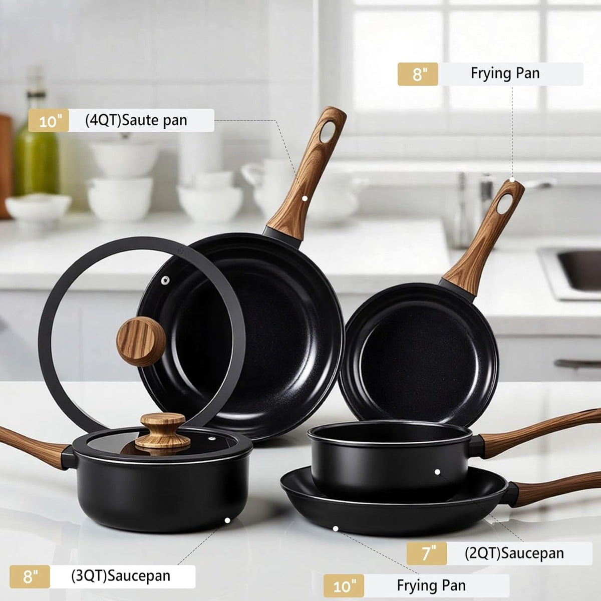 Nonstick Pots and Pans Set with Detachable Handles 15-23 Piece, Cast Aluminum Cookware Set Dishwasher Safe PFAS PFOA Free, Induction Compatible Kitchen Cooking Set with Utensils for RV Home, Black Cream White