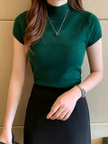Women's Ice Silk Mock Neck Short Sleeve Pullover | Lightweight Cooling Thin Knit Top Versatile Summer Casual Wear