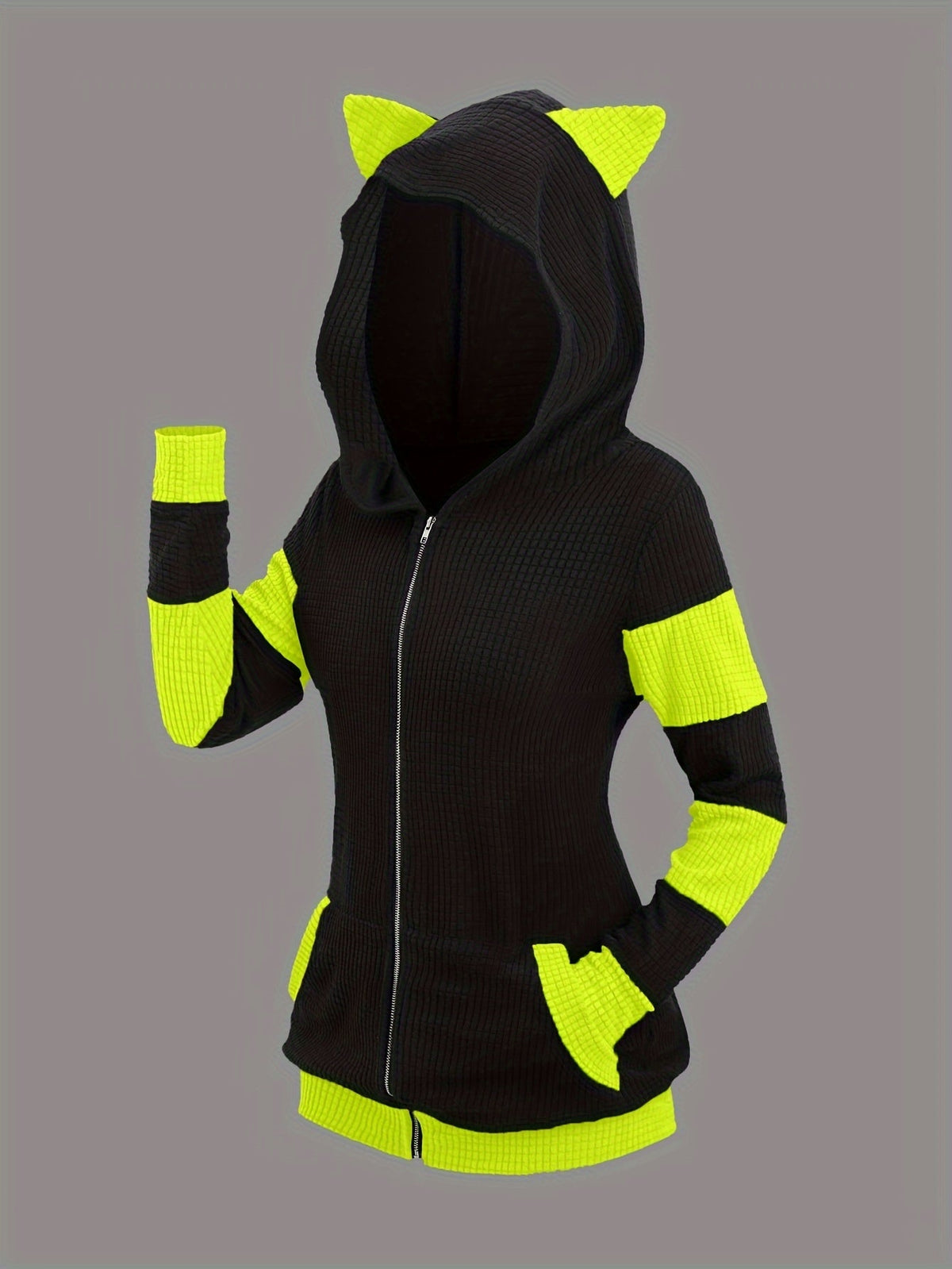 Women's Cat Ear Hooded Sweatshirt Jacket, Color Block Mid-Length Zip-Up Hoodie, Fall/Winter Thickened Warm Casual Outerwear, S-XXL