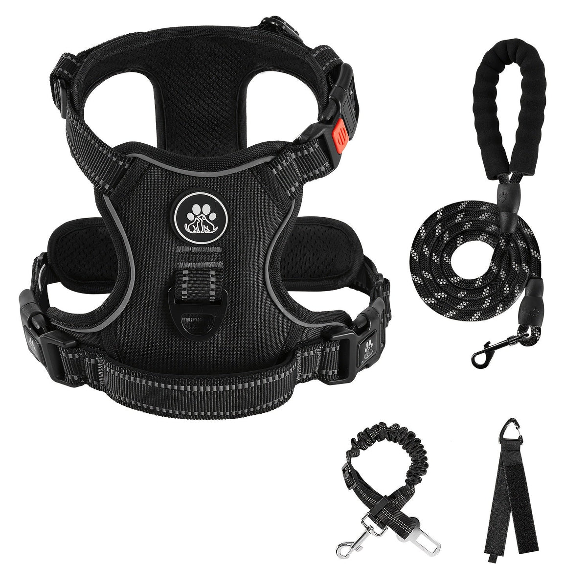 No-Pull Dog Harness Set with Retractable Leash, Seatbelt, and Collar – Fully Reflective, Adjustable, Breathable Vest Harness with Handle for Small & Large Dogs (XS–XL)