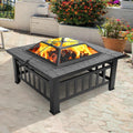 32" Square Outdoor Fire Pit Table – 3-in-1 Wood Burning Fireplace with Mesh Spark Screen BBQ Shelf & Poker Anti-Rust Metal for Patio Garden & Backyard in Black