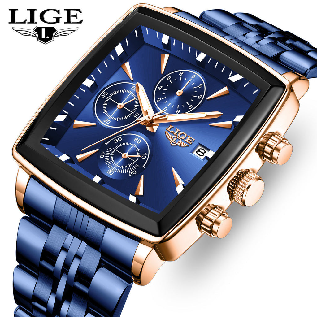 LIGE Men's Square Analog Quartz Watch – Stainless Steel Strap with Calendar Display, Preppy Sport Fashion Wristwatch for Men and Teens, 8 Color Options, Birthday or Graduation Gift (Blue, Black, Gold)
