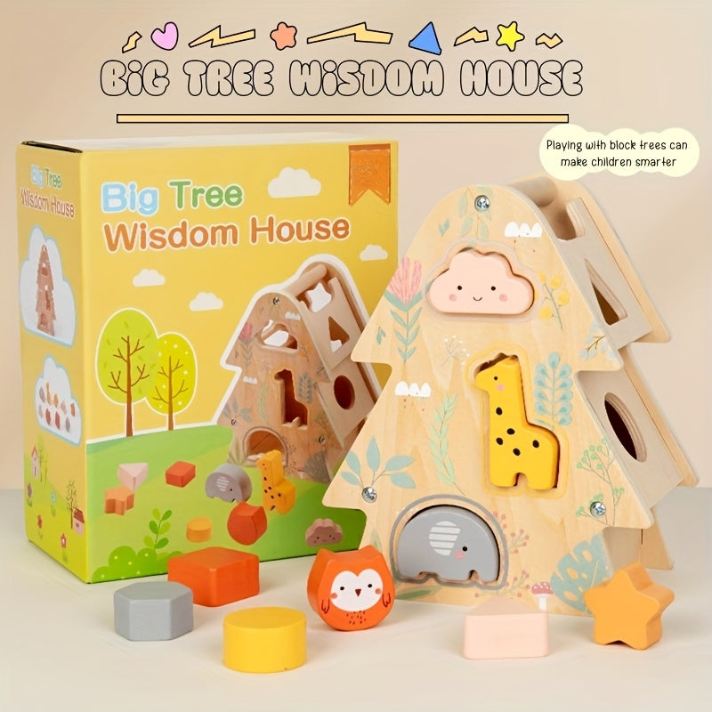 Wooden Big Tree Wisdom House Shape Matching Puzzle Toy, Creativity & Spatial Perception Development, Hand-Eye Coordination & Fine Motor Training for Babies & Toddlers, Holiday Gift
