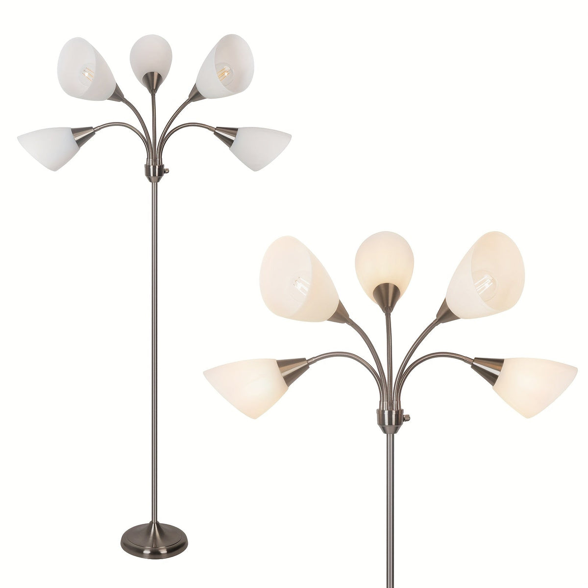 5-Head Gooseneck Adjustable Floor Lamp – Flexible Multi-Directional Reading & Task Light for Living Room Bedroom Office in Satin Nickel (Bulb Not Included)