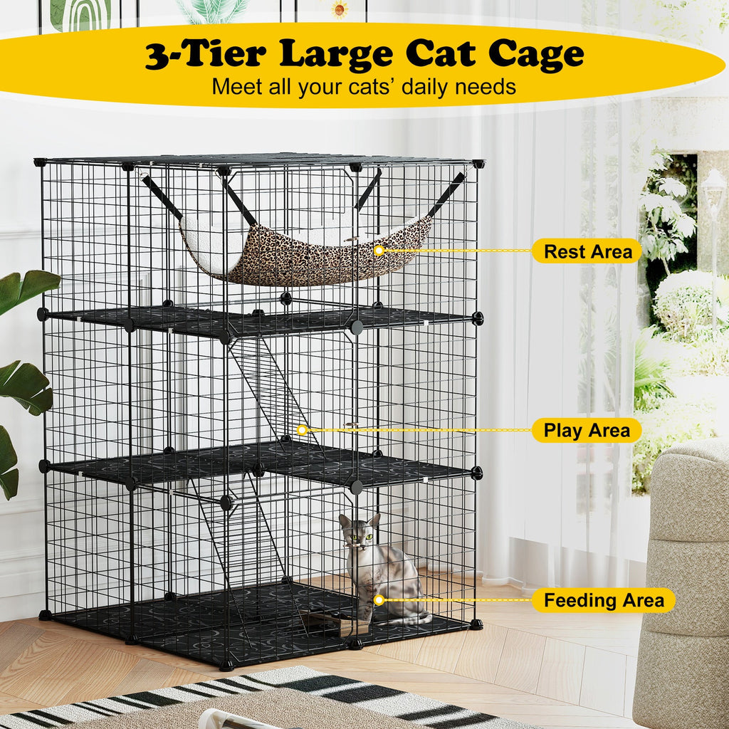 3-Tier Indoor Cat Cage & Enclosure, 29"x29"x43.5", Skylight, Hammock, 2 Climbing Ladders, 3 Lockable Doors, Anti-Tip Kit, Metal Wire & PP, for 1-3 Cats & Small Animals, Black