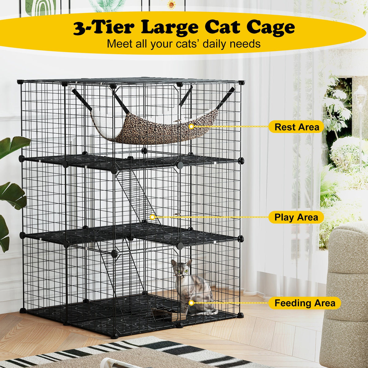 3-Tier Indoor Cat Cage & Enclosure, 29"x29"x43.5", Skylight, Hammock, 2 Climbing Ladders, 3 Lockable Doors, Anti-Tip Kit, Metal Wire & PP, for 1-3 Cats & Small Animals, Black