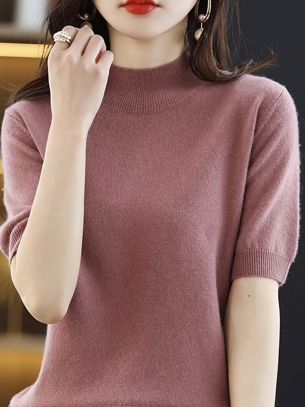 Women's Crew Neck Pullover Sweater Elegant Solid Color Short Knit Top Rib-Trim Stretchy Mock Neck Base Layer Shirt for Women