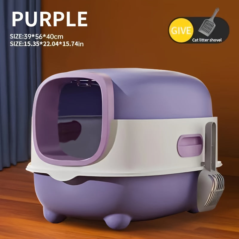 Extra Large Enclosed Cat Litter Box with Pull-Out Drawer, Anti-Odor, Anti-Splash, Easy Clean, Portable Indoor/Outdoor Cat Toilet with Litter Shovel (Purple, Gray, Blue) - Holiday Gift