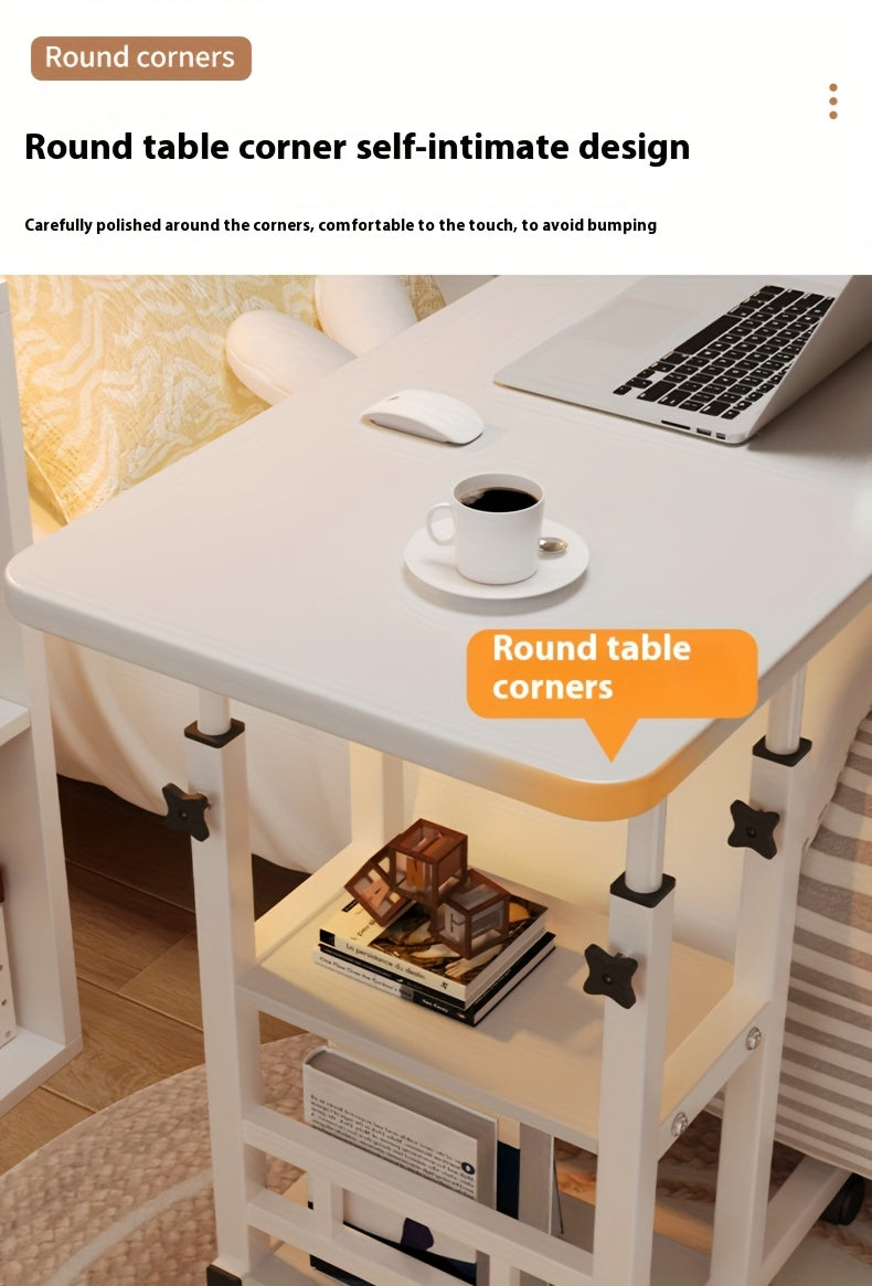 Height Adjustable Rolling Laptop Table with 4 Wheels & Dual Shelves – Mobile Workstation Desk for Bedside, Dorm, Office, and Living Room, Sturdy Steel Frame, Space-Saving Design