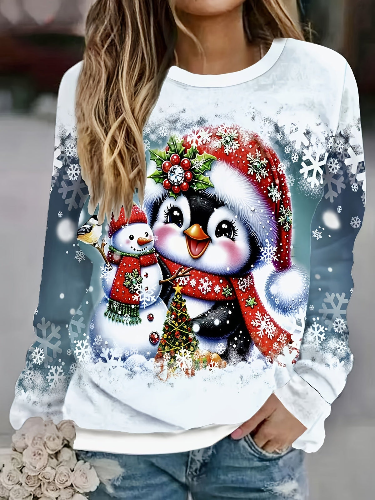 Women's Christmas Print Crew Neck Long Sleeve Loose Pullover Sweatshirt Holiday Festive Casual Tops US Warehouse