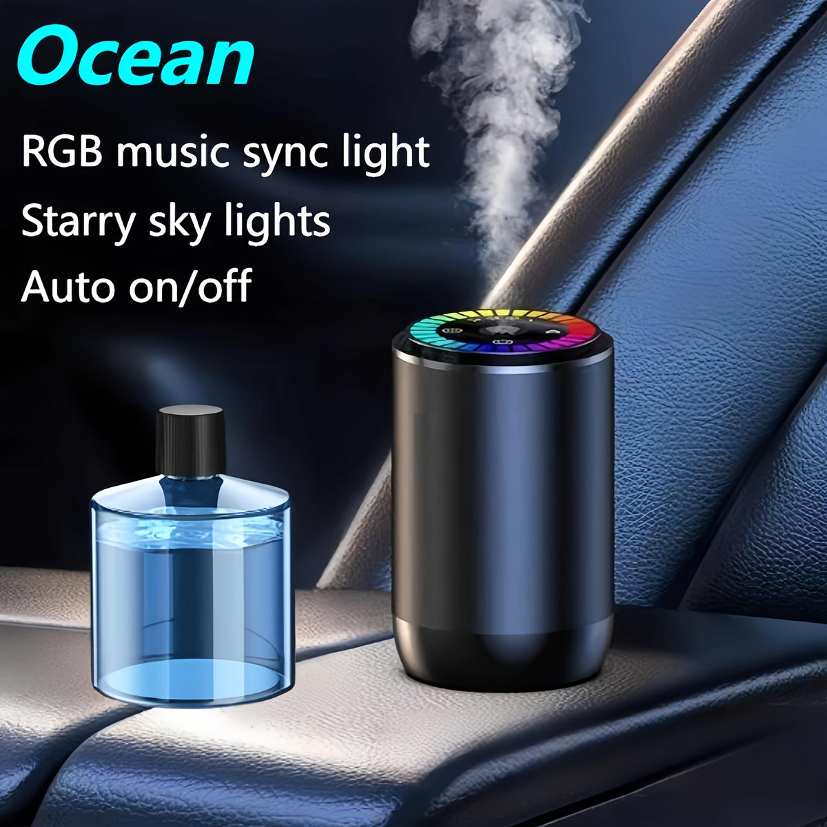 Smart Car Air Freshener Aromatherapy Diffuser with Starry Sky Light Show, USB Rechargeable, Adjustable Fragrance – Natural French Essential Oil (Gardenia, Ocean, Lavender, Cologne) Car Gift
