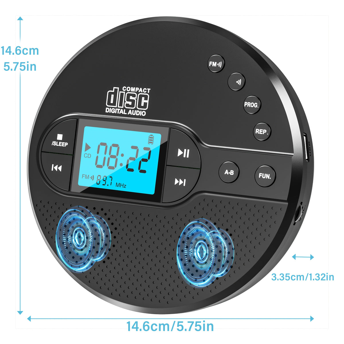 Portable CD Player with FM Transmitter & Built-In Speaker Rechargeable CD RW MP3 LCD Display Anti-Skip Stereo Sound for Desk & Headphone Use – Black