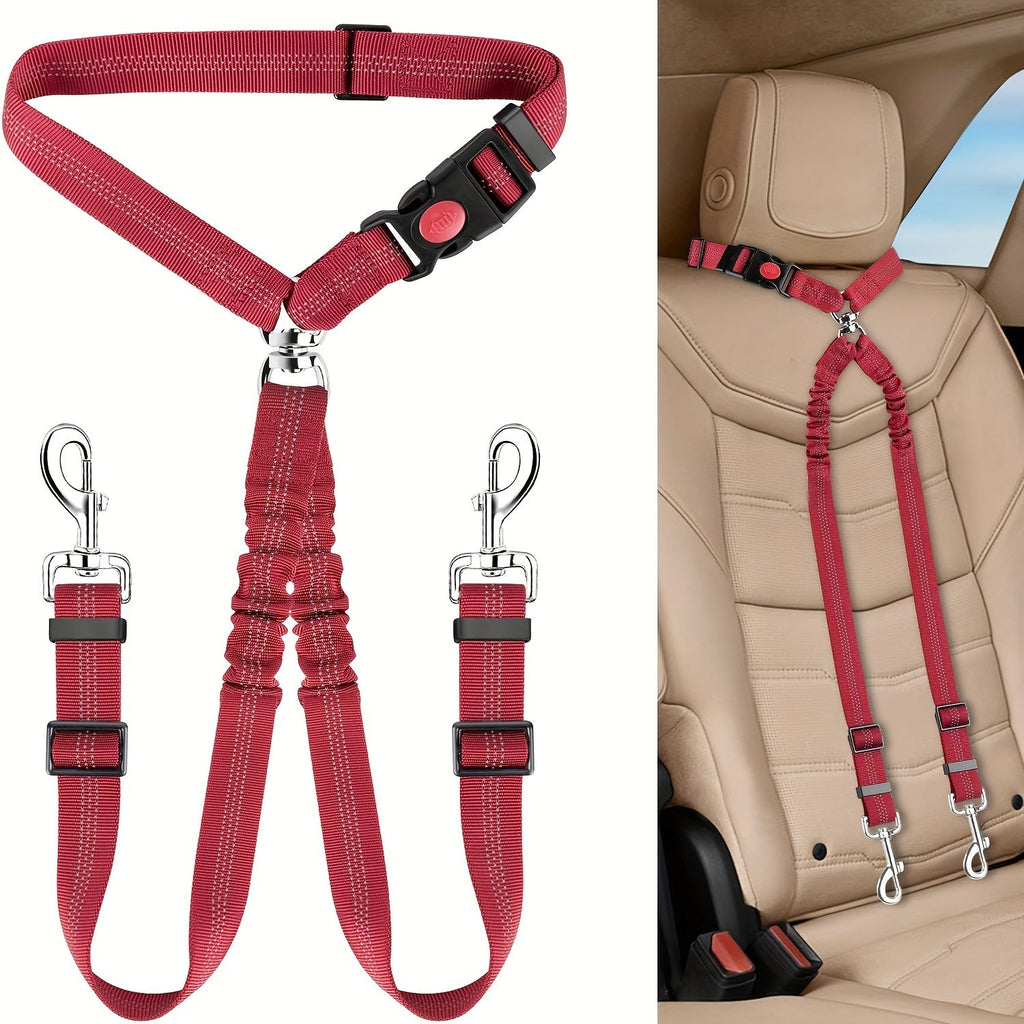Dual Dog Car Seat Belt for 2 Dogs, No-Tangle Headrest Restraint, Adjustable Bungee Pet Safety Harness for Small, Medium, and Large Dogs for Car Travel
