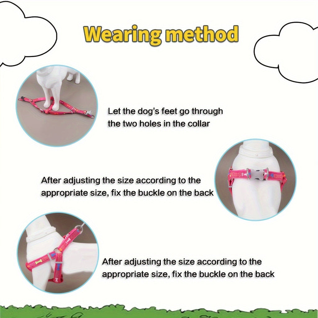 Dog Harness and Leash Set with Bone Pattern - No-Pull Triangle Vest Harness for Small, Medium, and Large Dogs, for Indoor and Outdoor Walking, Pink, Black, Blue, Grey, S M L