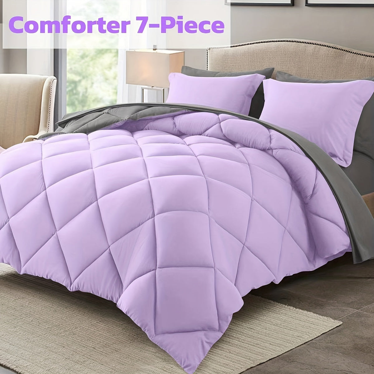 7-Piece Comforter Set, Queen/King Size – Soft Microfiber Pinch Pleated Bed-in-a-Bag with Comforter, Fitted Sheet, Flat Sheet & 4 Pillowcases, All-Season Bedding Set for Home & Dorm