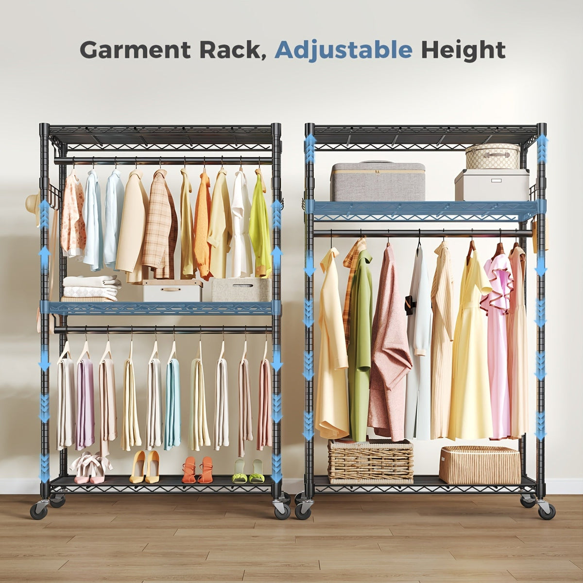 Heavy Duty Rolling Clothes Rack Adjustable Double Rods – Metal Freestanding Closet Organizer with Wheels & Side Hooks for Hanging Clothes