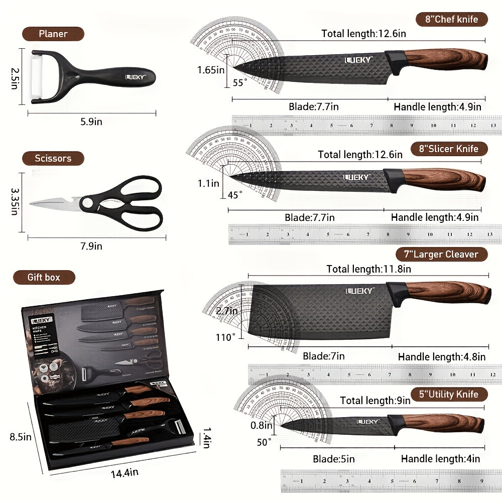 Professional Kitchen Knife Set - High Carbon Stainless Steel, Super Sharp, Anti-Stick Ergonomic Wooden Handle - Chef's Knife, Slicing Knife, Scraper & Scissors - 6, 7 & 8-Piece Gift Box Sets