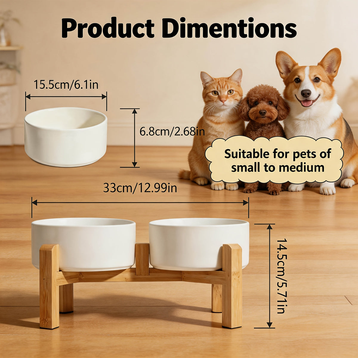 Elevated Ceramic Dog Bowl Set with Bamboo Stand - Raised Double Dog Bowls 28.74oz Non-Slip Feeder for Dogs, Cats & Puppies, Adjustable Height Slow Feed Dog Food Bowl with Storage (4 Colors)