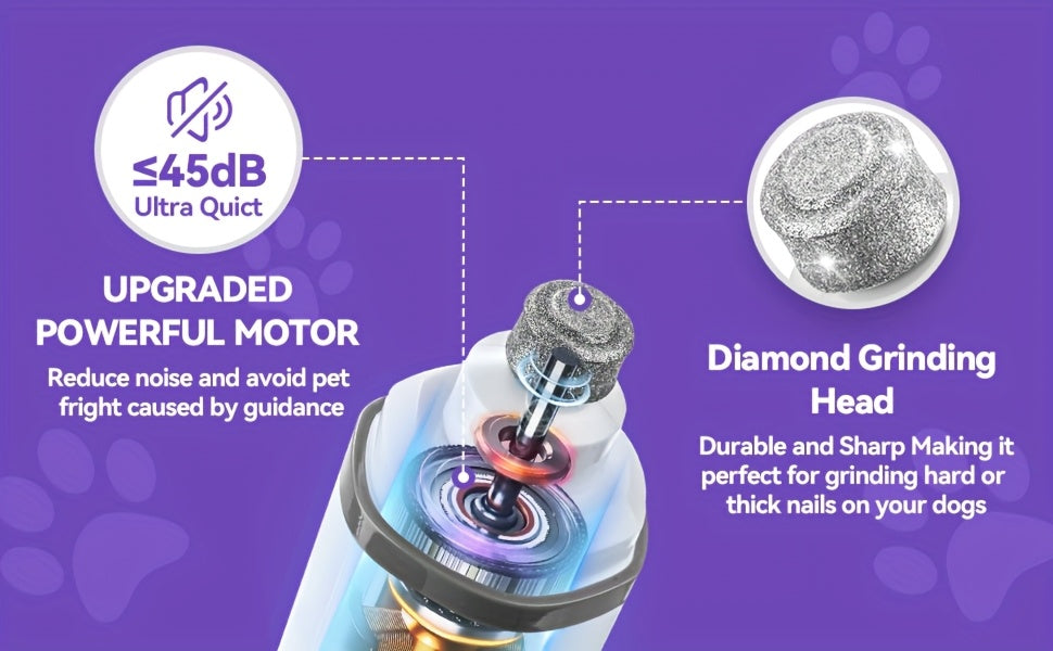 Quiet Dog Nail Grinder with LED Light – Upgraded 3-Speed Rechargeable Electric Pet Nail Trimmer & Grinder Kit, Painless Paw Grooming for Small, Medium, and Large Dogs & Cats