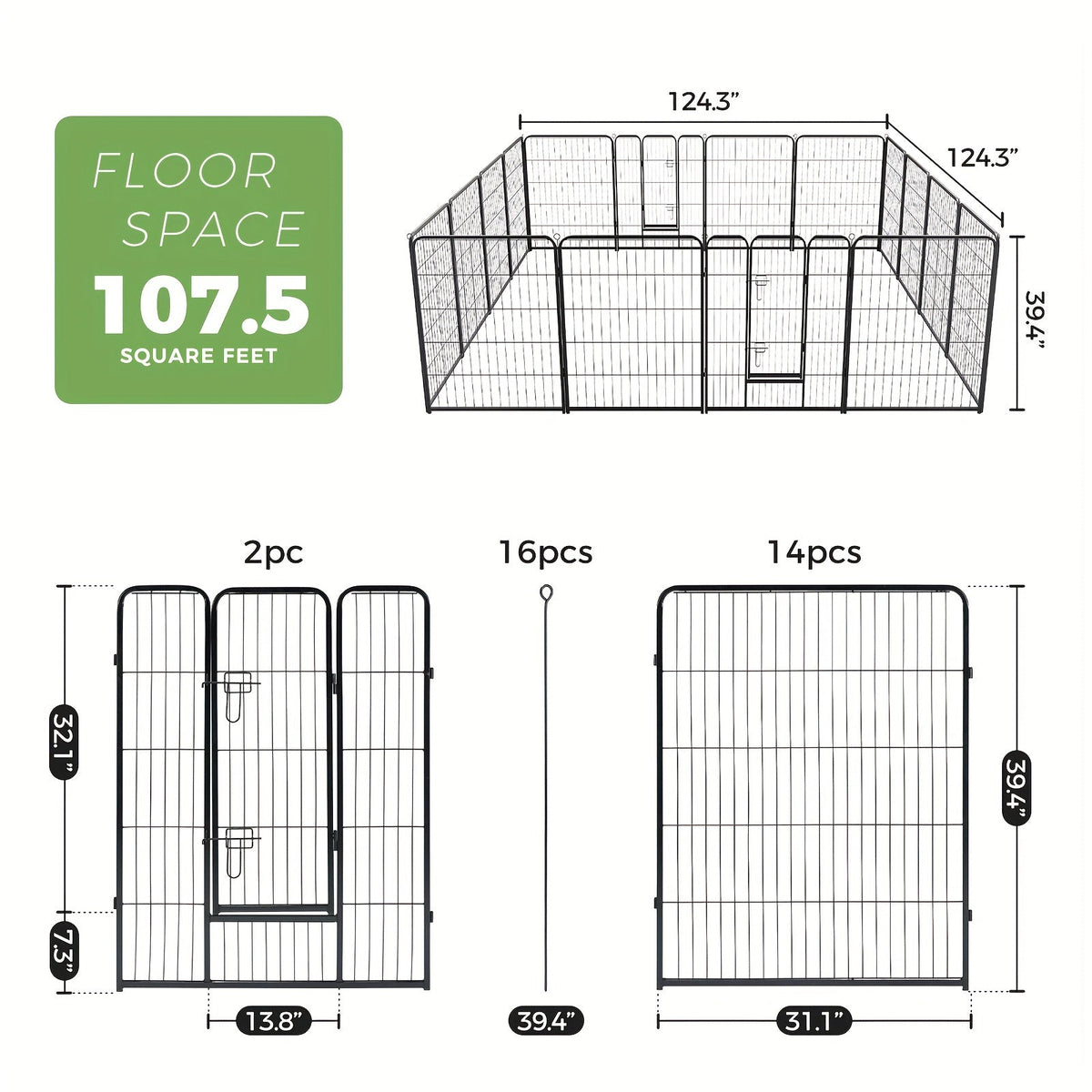 Dog Playpen 8 or 16 Panel DIY Metal Kennel with Door for Large, Medium, and Small Dogs – 24, 32, 40 Inch Indoor/Outdoor Puppy Pen, Easy to Assemble & Move