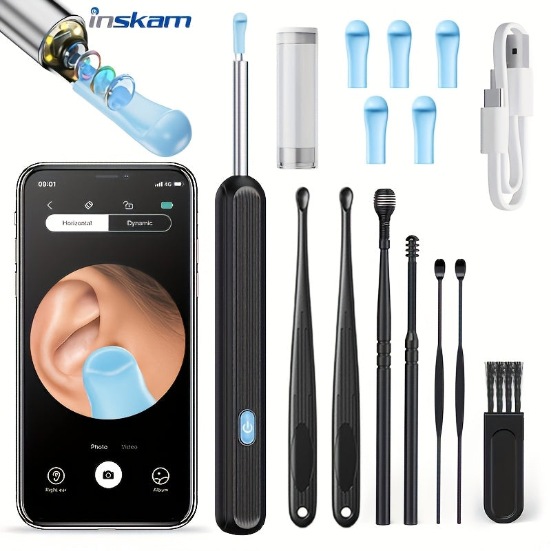 7-Piece Wireless Ear Wax Removal Kit with Camera & Light - 6 Ear Scoops, 6 Sleeve Accessories, iOS & Android Compatible - Safe & Easy Home Ear Cleaning - Black & White