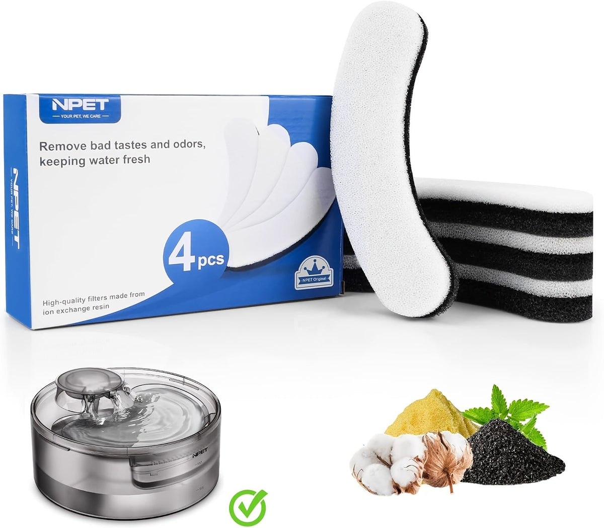 Replacement Filters for Dog and Cat Water Fountains, 4/8/16/20/24 Pack, Activated Carbon Multi-Filtration, Compatible with NPET DF10 DF30 Automatic Pet Water Dispensers