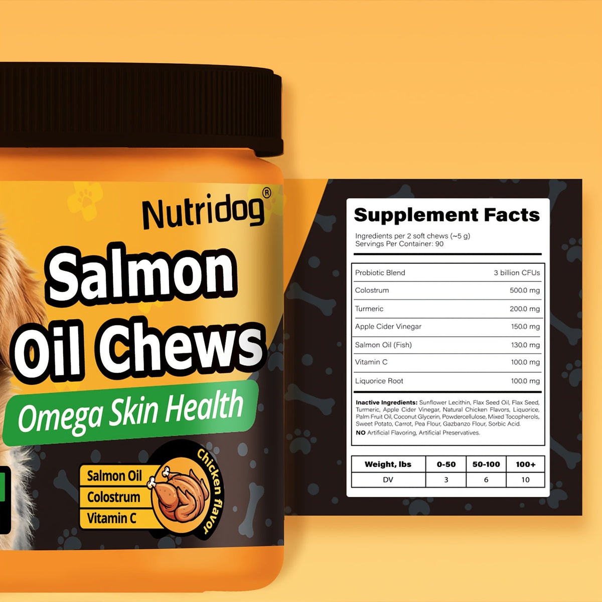 Dog Nutritional Supplement Soft Chews 90 Count with Probiotics Salmon Oil Chicken Flavor - Supports Coat, Gut Health, and Immunity for Dogs of All Ages 225g