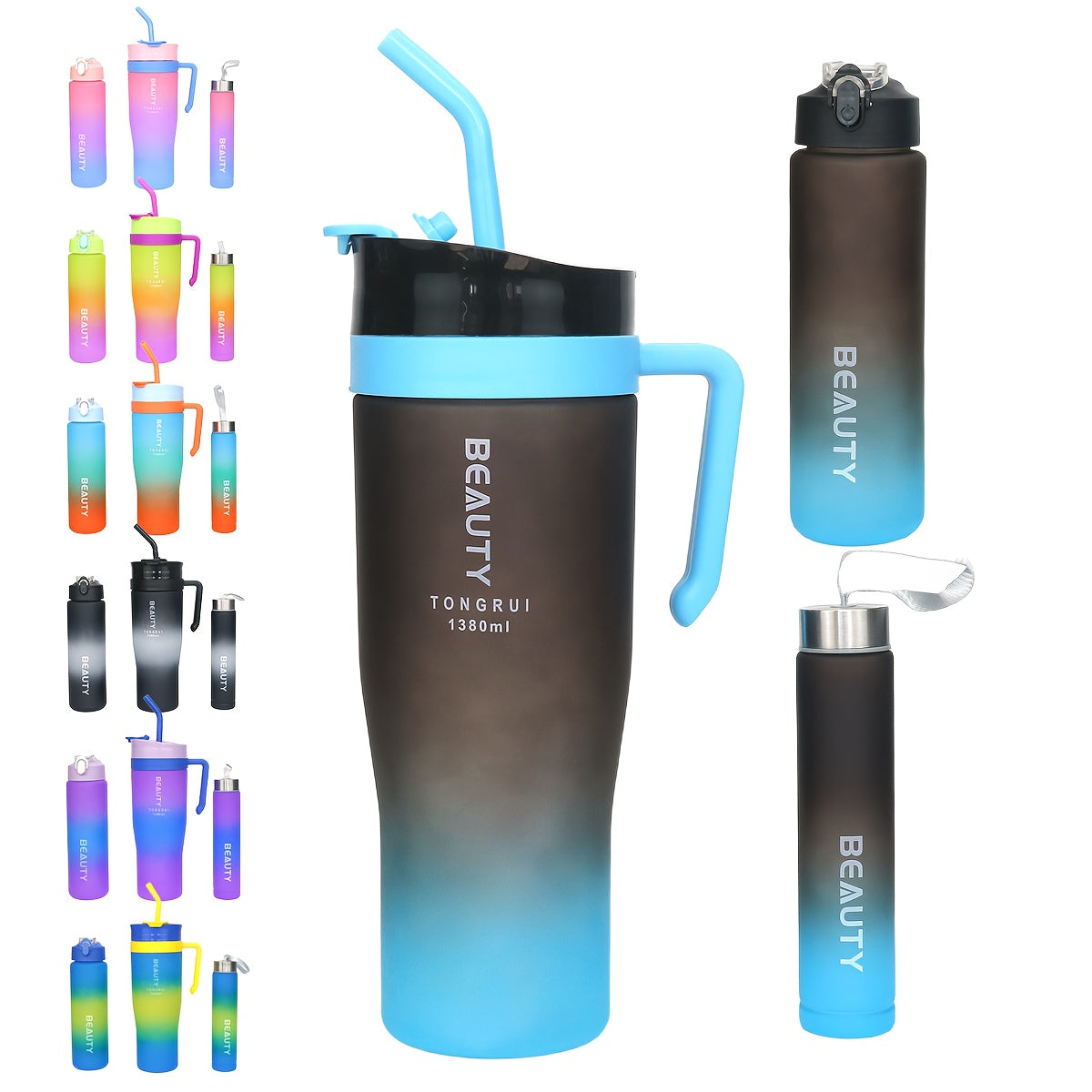 BPA-Free Gradient Water Bottle 5-Piece Set with Straw & Spill-Proof Lid - 46oz, 27oz, & 9oz Leak-Proof Sports Bottles for Gym, Travel, and Outdoor Use