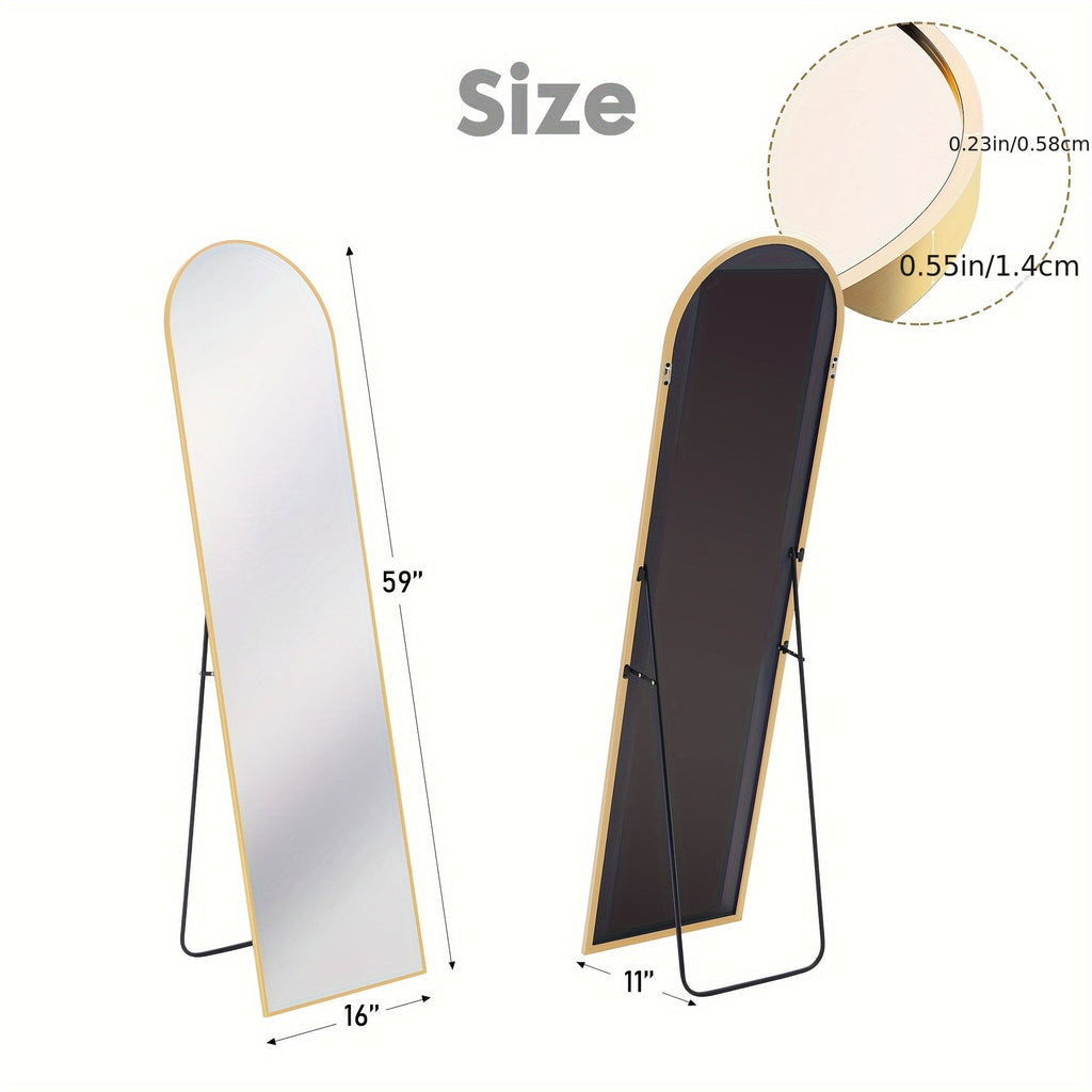 Arched Full Body Floor Mirror with Stand - 59×16in, Moisture & Shatter-Resistant Nano Glass, Vertical Grooming Mirror - Office & Home Decor - Golden
