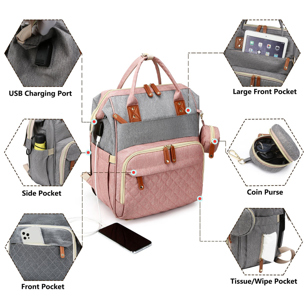 Large Multifunctional Diaper Bag Backpack with Changing Station for Boys & Girls, Travel Baby Diaper Backpack, Blue & Pink Gray
