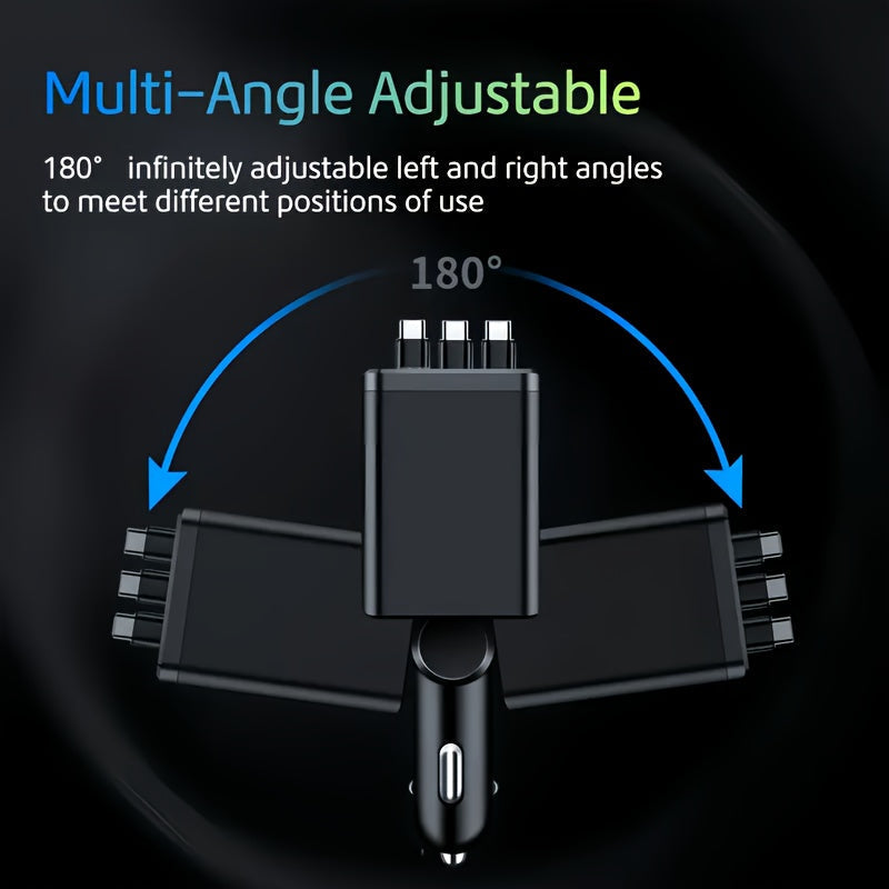 7-in-1 Fast Car Charger with 3 Retractable Cables, LED Digital Display, and 180° Adjustable Universal Plug - Multi-Port Car Phone Charger for iPhone, Android, and USB-C