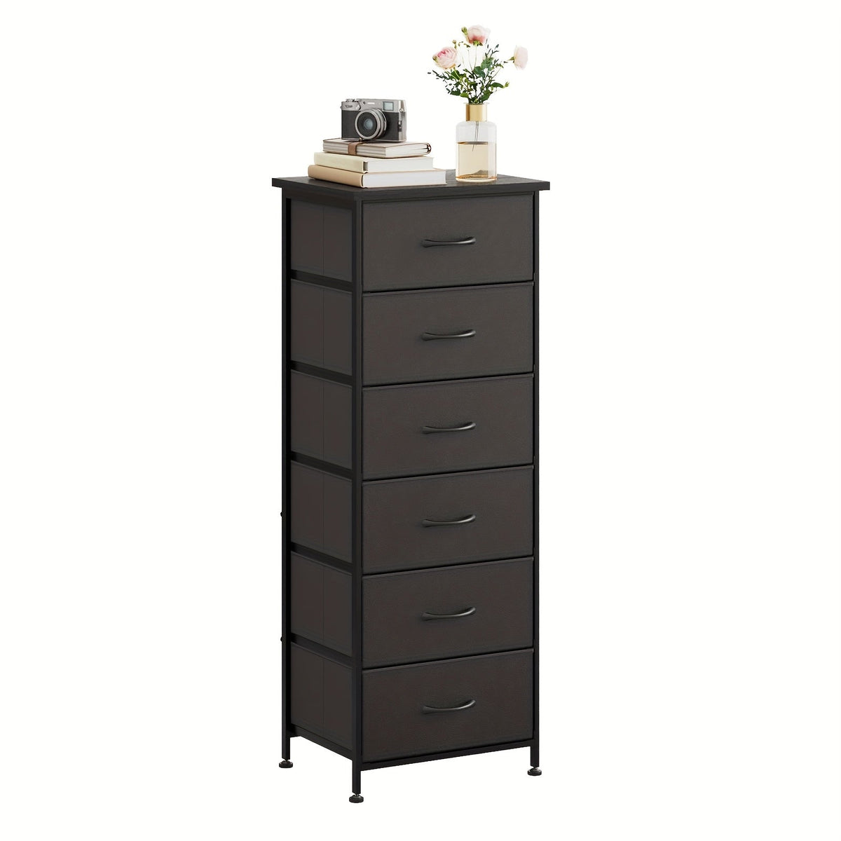 WHONLINE Tall Dresser 6 or 7 Drawer Bedroom Storage Organizer Vertical Chest of Drawers Sturdy Steel Frame Nightstand for Closet & Dorm – Gray Brown Black White