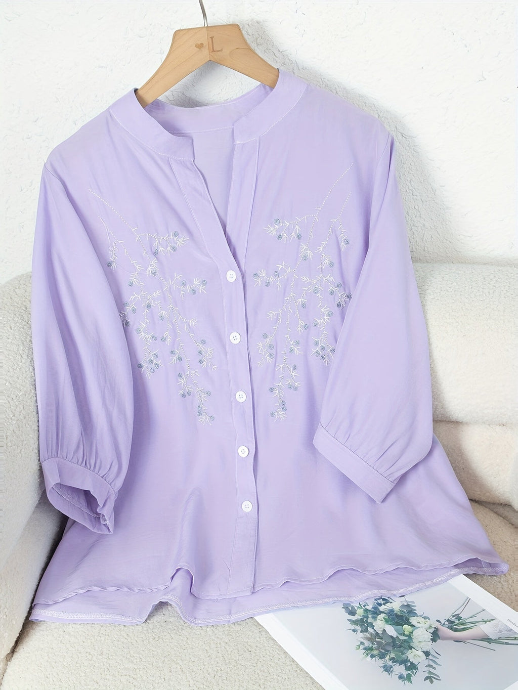 Women's Floral Embroidered Long-Sleeve Button-Down Blouse - Elegant White Stand-Collar Casual Shirt, Delicate Floral Print Summer Top S-XXL