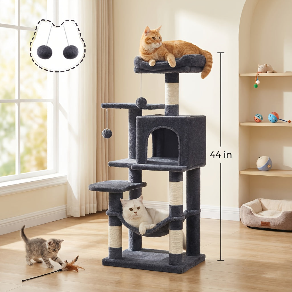 Multi-Level Cat Tree Tower 44-66 Inch with Hammock, Sisal Scratching Posts, Cozy Cave, Perches, and Anti-Tilt Stable Base for Multi-Cat Families, Kittens, and Cats