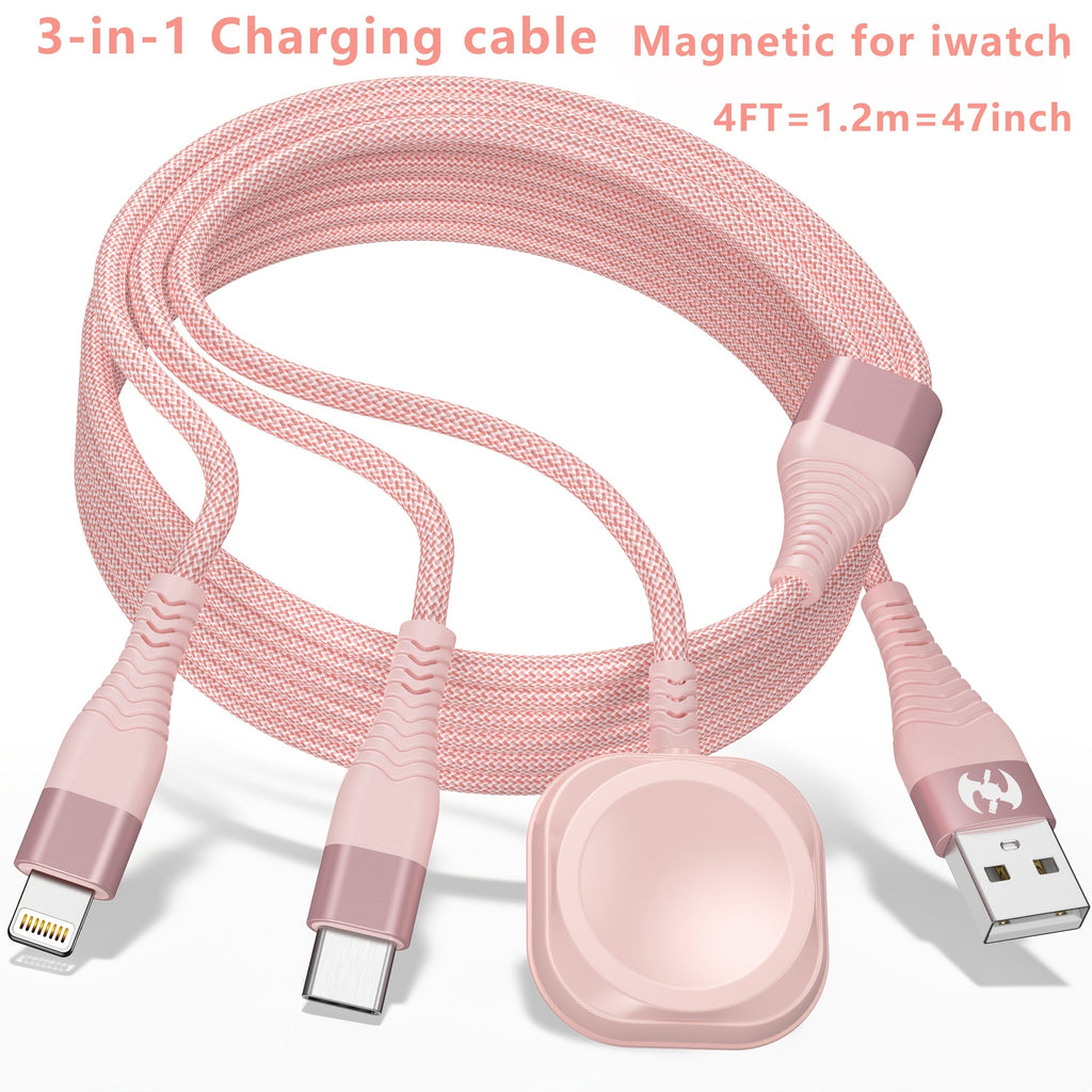 3 in 1 Charging Cable with iWatch Magnetic Charger – Nylon Braided USB-A to Lightning & Type-C Fast Charging Cable, 47 Inch, Compatible with iPhone, Apple Watch Series 1-10 & Android Phones