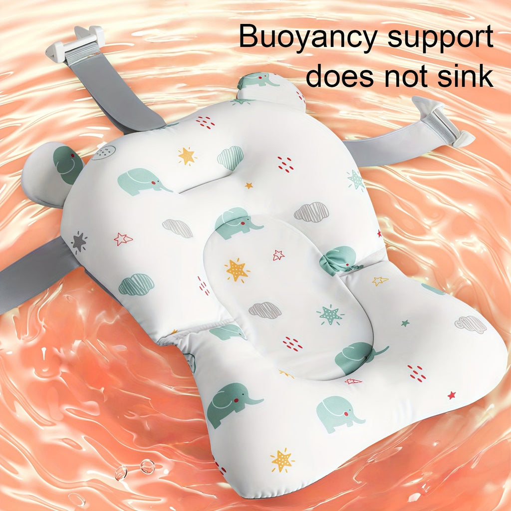 Baby Bath Support Mat Cushion for Newborns, Non-Slip 3-Point Adjustable Infant Shower Net Seat with Cute Cartoon Prints, Safe Bathing Aid for Boys & Girls (Tub Not Included)