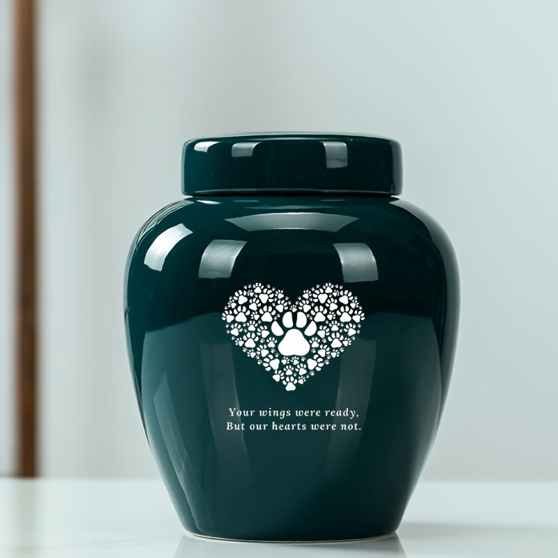 Large-Capacity Ceramic Pet Memorial Urn - High-Grade Dog and Cat Cremation Keepsake Urn, Engraved with "Your Wings Were Ready But Our Hearts Were Not," Durable Pet Loss Grief Comfort Urn, Dark Green