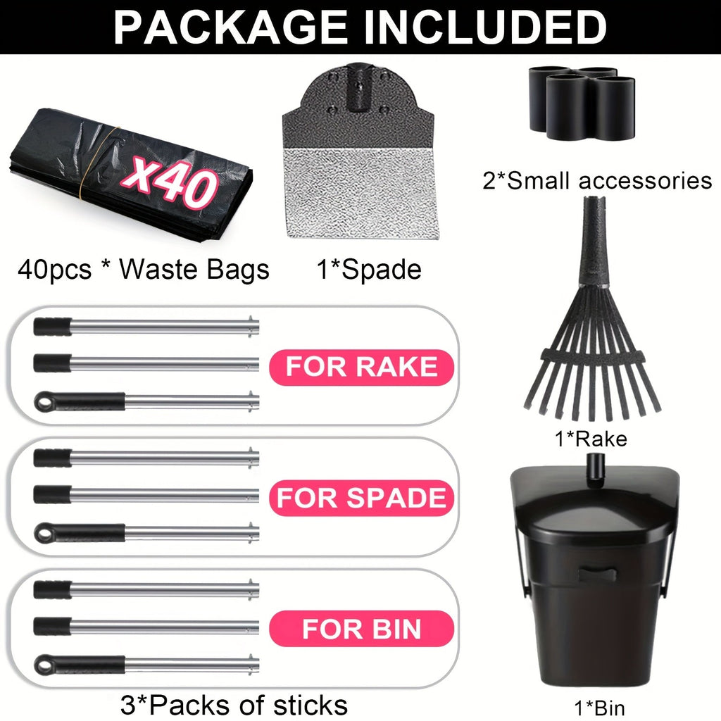 Heavy Duty Dog Pooper Scooper Set with Swivel Bin, Rake & Spade – Long Handle Pet Waste Removal Tool for Grass, Dirt & Gravel, Includes 40 Waste Bags, Great for Large Dogs