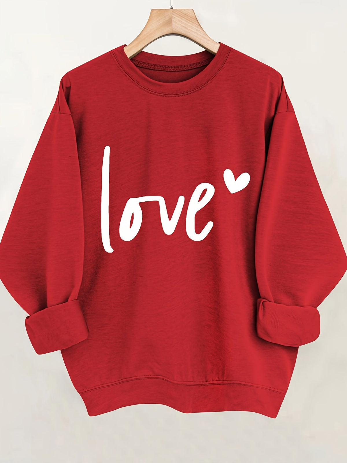 Valentine's Day Women's Crew Neck Heart Print Sweatshirt, Casual Fall/Winter Pullover, Cozy Graphic Top, Red, Sizes S-XXL, US Shipping