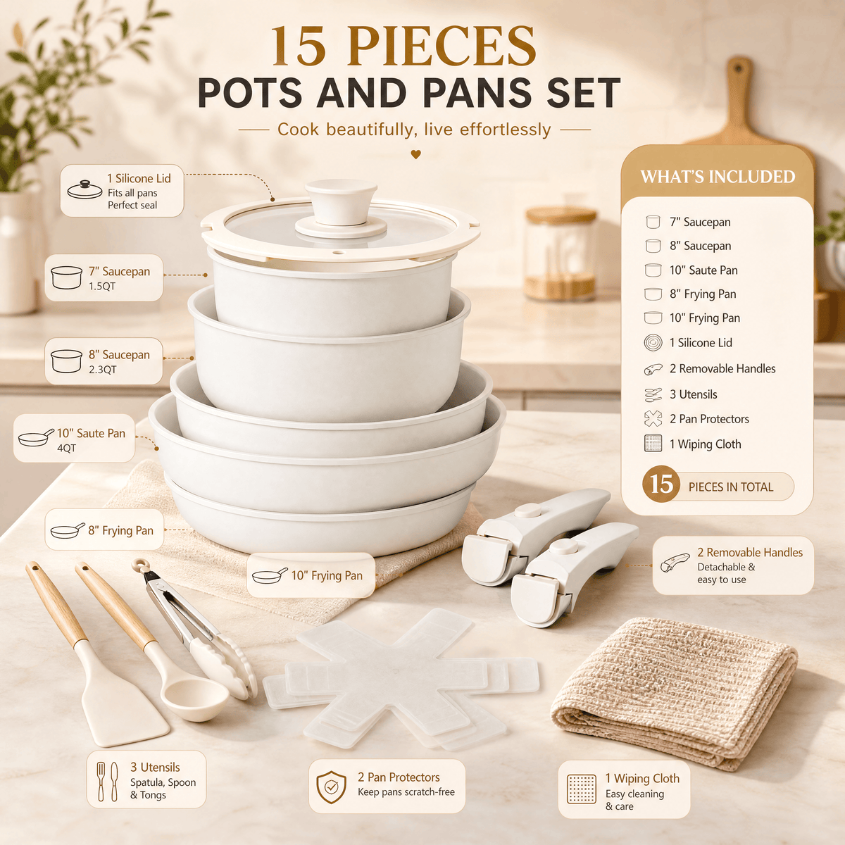 Nonstick Pots and Pans Set with Detachable Handles 15-23 Piece, Cast Aluminum Cookware Set Dishwasher Safe PFAS PFOA Free, Induction Compatible Kitchen Cooking Set with Utensils for RV Home, Black Cream White
