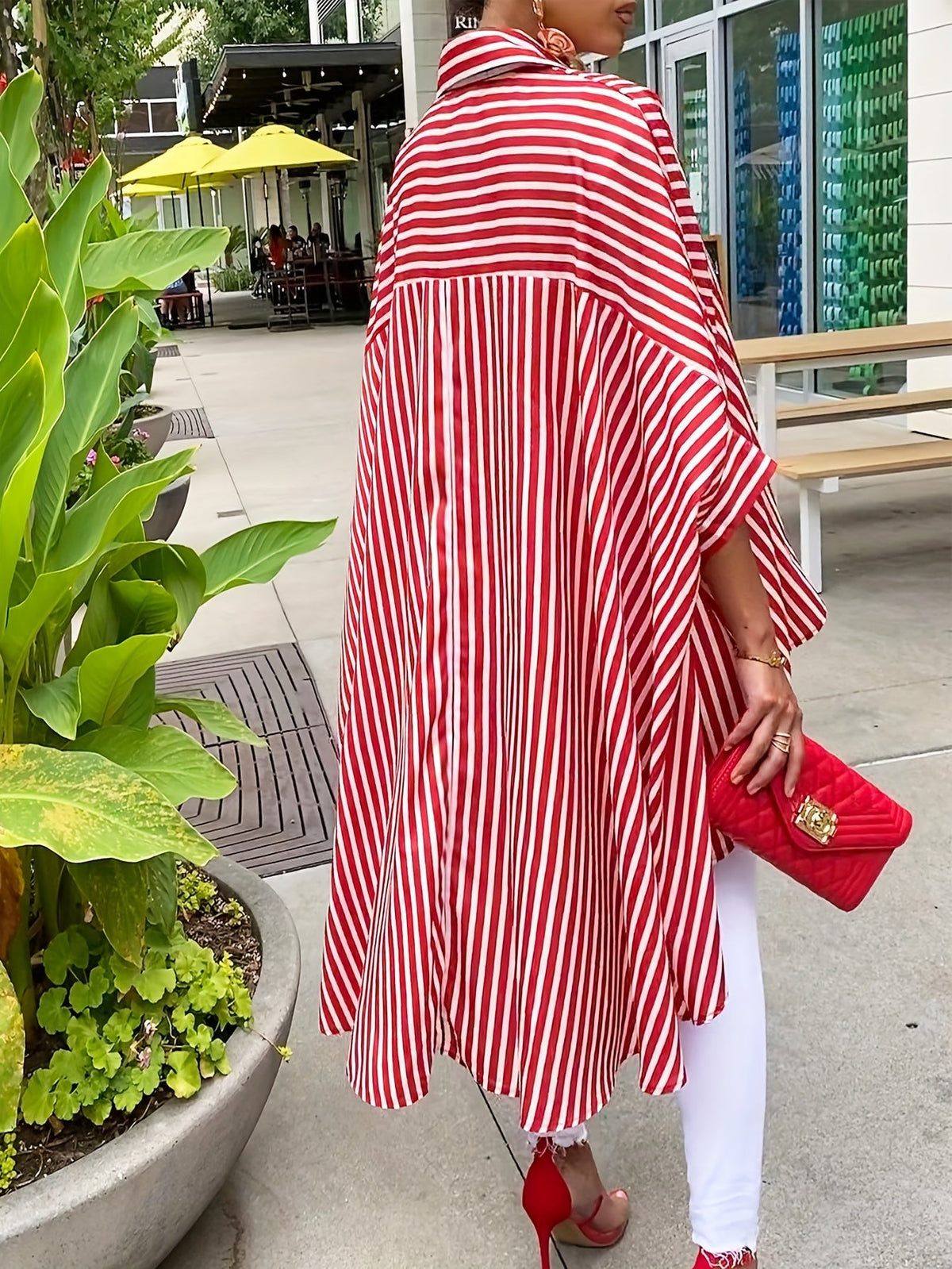 Women's Casual Striped Print Shirt, Front Short Back Long Hem, Long Sleeve Lapel Blouse, 100% Polyester, S M L XL XXL, Red Black White