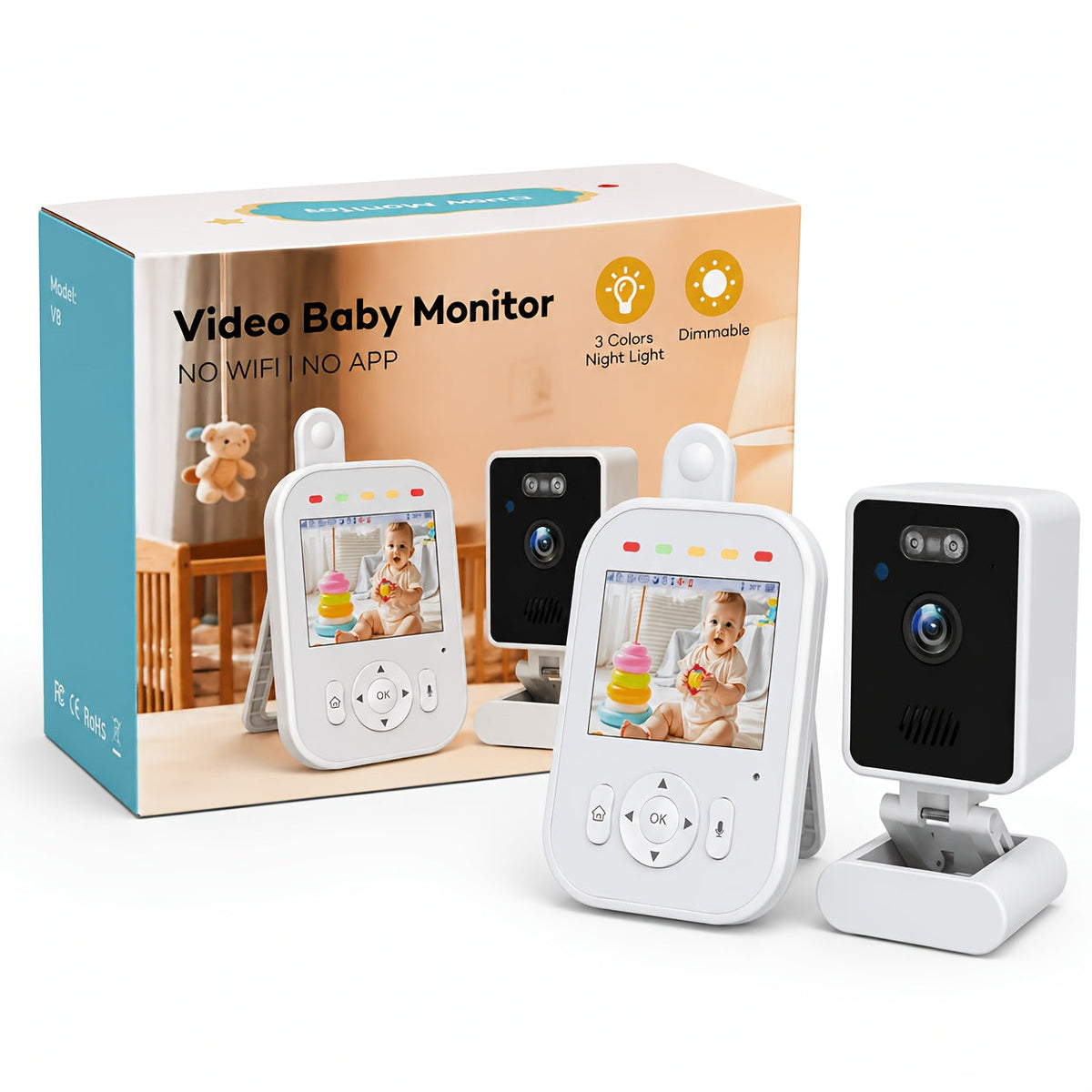 Baby Video Monitor, 2.8-Inch Screen 720p Wireless Baby Monitor with Night Vision Two-Way Audio VOX Mode 6 Lullabies Feeding Alarm & Manual Camera Rotation, No WiFi or App Required, Anti-Hacking, White