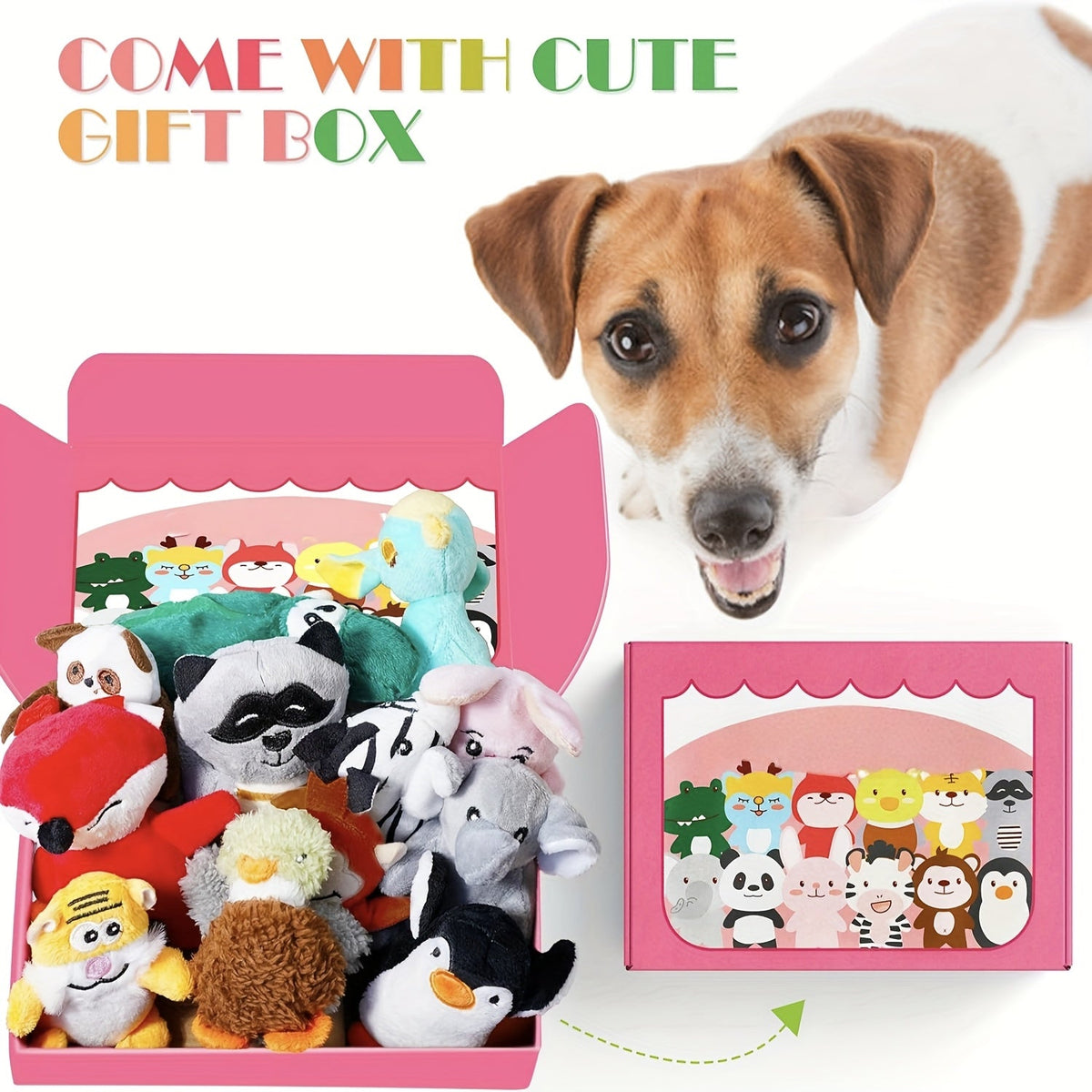 12-Pack Squeaky Stuffed Animal Dog Toys Plush Puppy Toys for Small and Medium Dogs - Soft Chew Teething Toys with Gift Box: Fox, Tiger, Rabbit, Panda & More