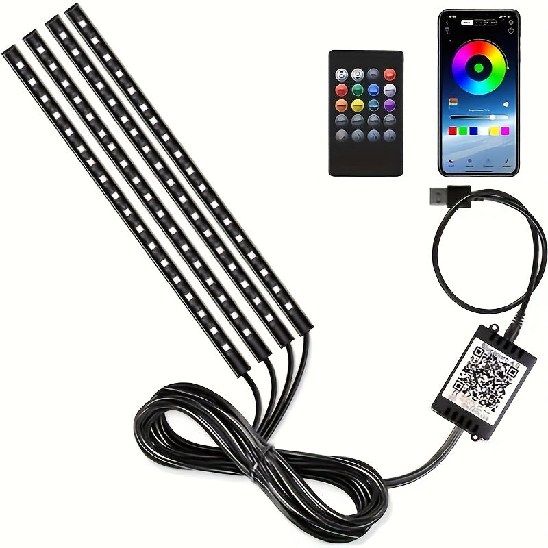 Music Sync LED Car Interior Lights – 4pcs USB Powered RGB Underfoot Ambient Lighting Kit with App & Remote Control, Colorful Atmosphere Lights for Car, Truck, SUV, No Battery Required